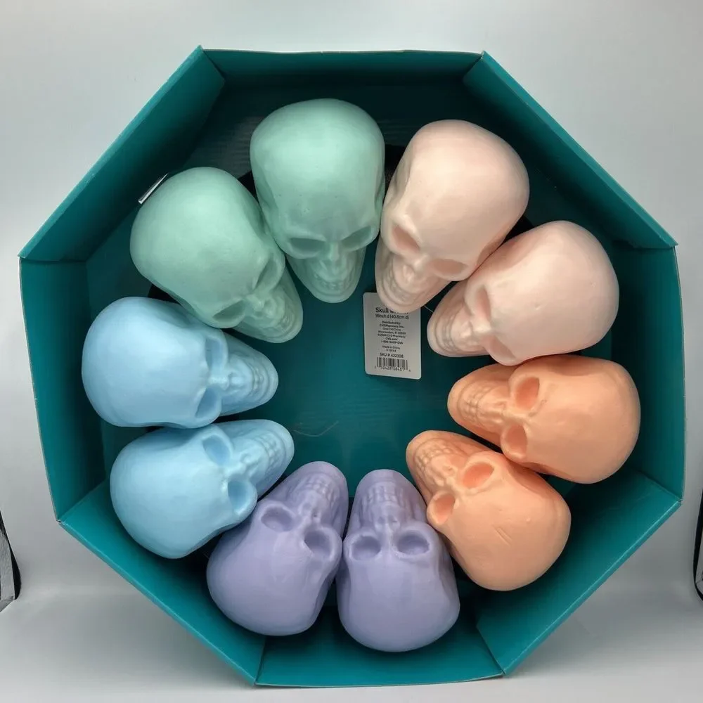 Spooky Village‎ Pastel Multicolor Skull Wreath Door Hanger 16